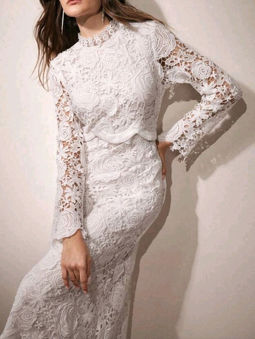 New Floral Embroidered Lace Sheer Mock Neck Scalloped Midi Dress White - Picture 6 of 14